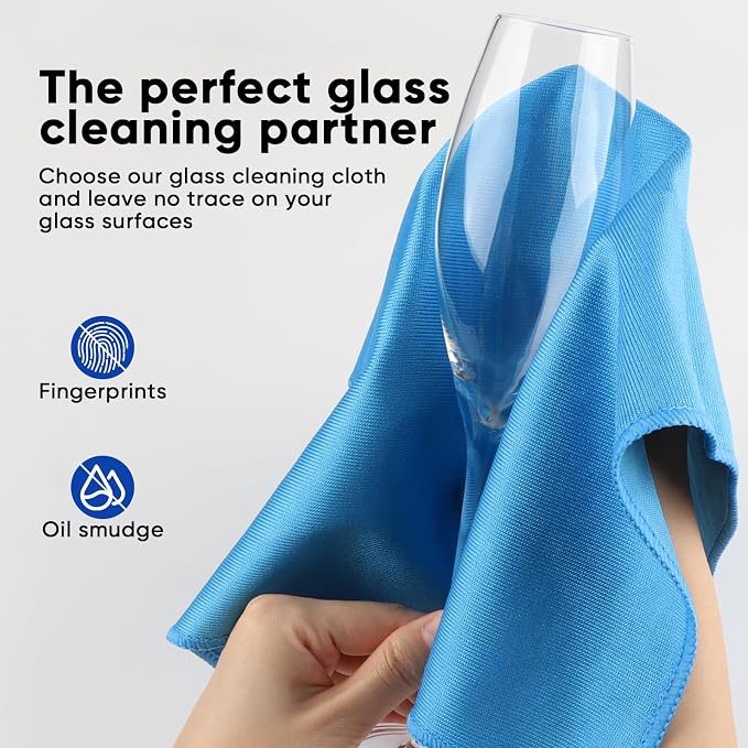 HOMEXCEL Microfiber Glass Cleaning Cloths 6 PK, Lint Free Streak Free, Reusable Microfiber Magic Cleaning Cloth for Cleaning Windows, Glasses, Mirrors, Screens, Stainless Steel, and More, Blue-14”×16”