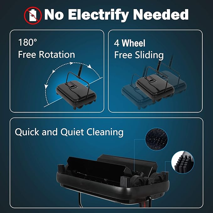 Eyliden Carpet Sweeper, Mini Size, Manual Sweeping, Black | Lightweight, Hand Push - No Noise, Non-Electric, Easy Clener, Only for Carpet and Rug Cleaning