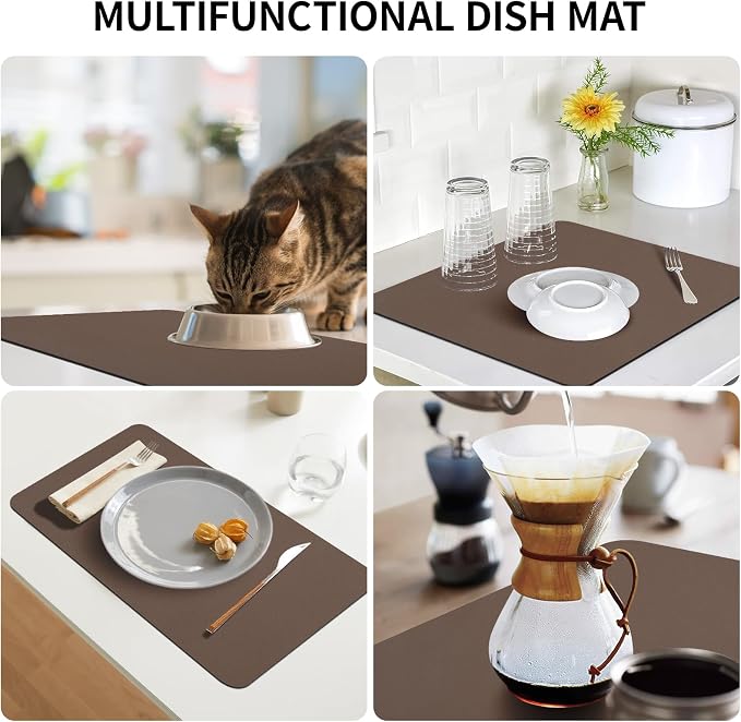 Dish Drying Mat, 12" x 19" Dish Drying Rack Pad with Rubber Backed, Absorbent Coffee Bar Mat for Kitchen Countertop, Easy to Clean Espresso Mats, Fit Under Coffee Machine, Brown