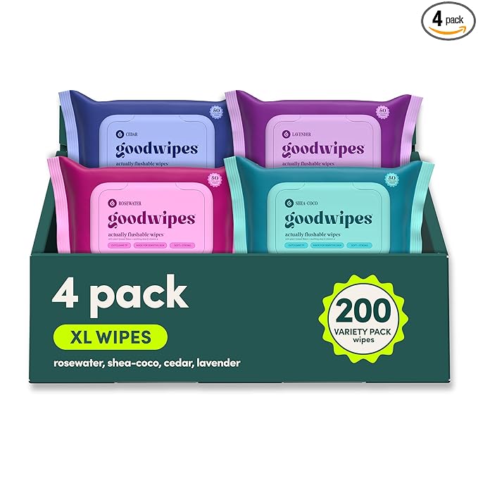 goodwipes Flushable Butt Wipes - Extra Large Adult Wet Wipes For Women & Men - Bathroom Essentials - Sewer & Septic Safe - Variety Pack, 200 Count (4 Packs)