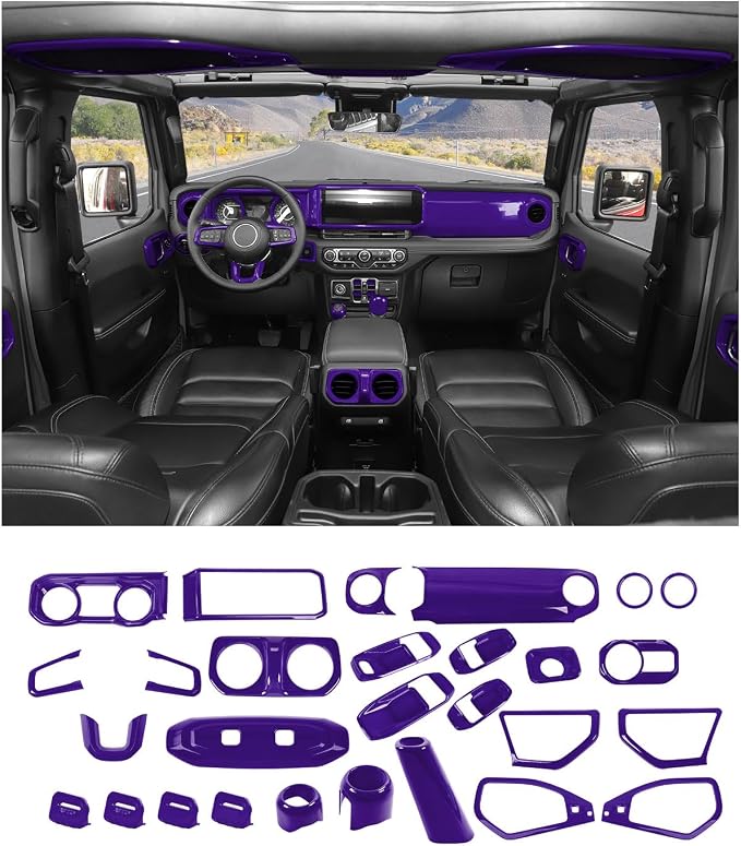 JWWY Interior Trim Kit Full Set Dress-Up Decor Set Center Console Gear Shift Dashboard Panel,Door Window Switch Knob Speaker Cover Trim for 2024–2026 Jeep Wrangler JL JLU & Gladiator JT Purple 28pcs