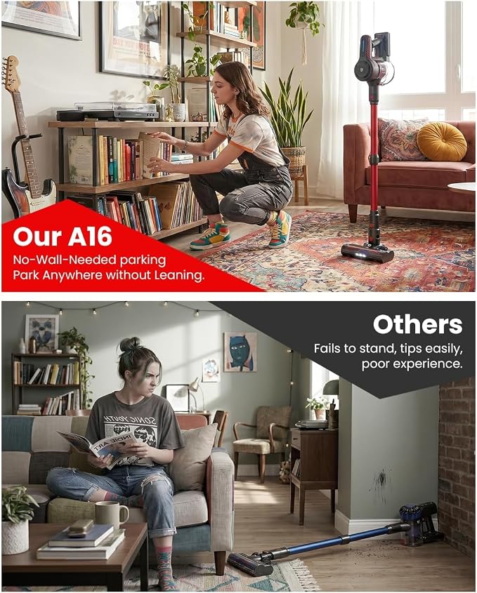 CHEBIO Lightweight Cordless Vacuum Cleaners for Home, Stick Vacuum Cordless Rechargeable with 45kPa Suction,45-Min Run,Anti-Tangle and Self-Stand, 6 in 1 Hardwood Vacuum Cleaner (red)