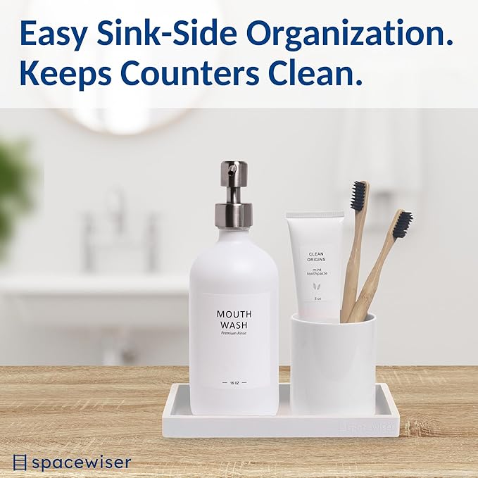 Spacewiser Countertop and Vanity Tray - 2 PC Small 7.7" Silicone Bathroom Trays, Kitchen Soap Tray, Dish Sponge Soap Holder Kitchen Sink Organizer Caddy, Bathroom Counter Trays for Lotion Dispenser