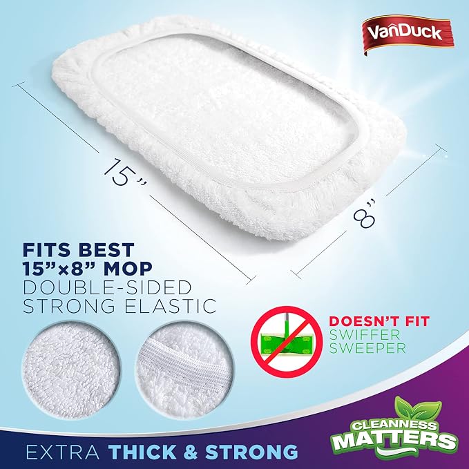 VanDuck 100% Cotton Terry Mop Pads 15x8 Inches, 3-Pack (Mop Not Included) | Reusable terry cloth mop covers, cotton replacement pads, floor cleaning refills, machine washable