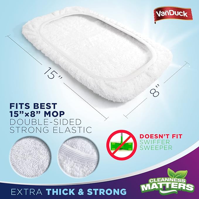 VanDuck 100% Cotton Terry Mop Pads 15x8 Inches, 6-Pack (Mop Not Included) | Reusable terry cloth mop covers, cotton replacement pads, floor cleaning refills, machine washable