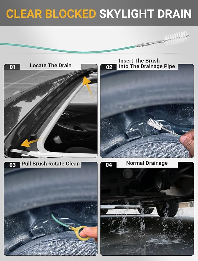 Upgraded Auto Sunroof Drain Cleaning Tool, 120 Inch Long Flexible Drain Brush Pipe Cleaners for Car, Slim Drain Dredging Tool Tube Cleaning Brush Perfect for Car Sunroof, Windshield Wiper Drain Hole | Flexible 120-Inch Brush Reaches Curved Drain Tubes ...