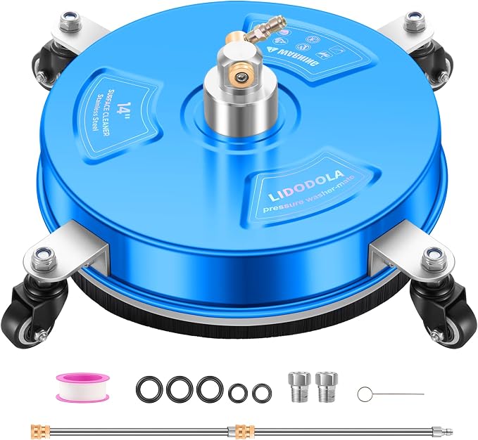 LidoDola 14'' Pressure Washer Surface Cleaner Blue, Power Washer Accessory | Stainless Steel Housing with 4 Wheels, 1/4" QC, 2 Extension Wands & 2 Replacement Nozzles, for Gas & Electric Pressure Washer