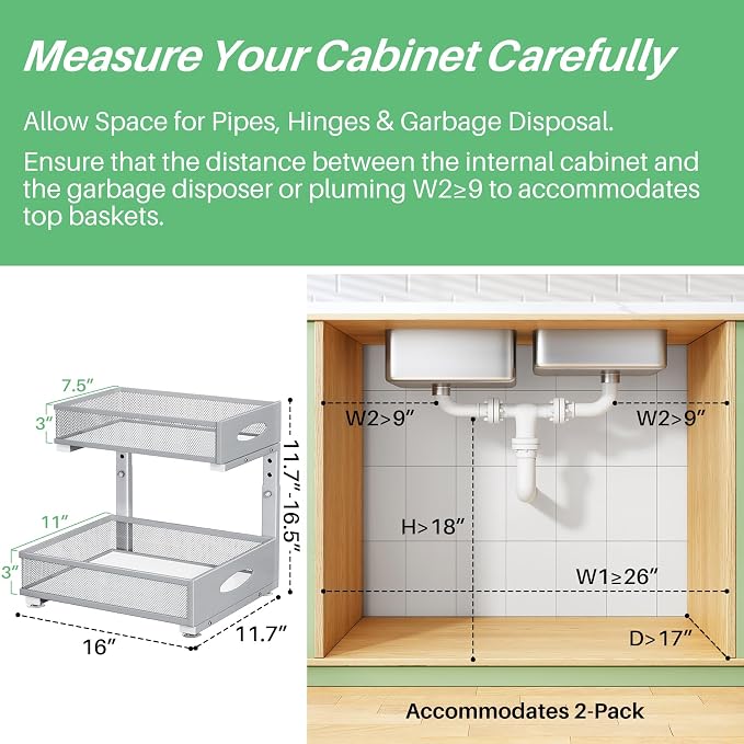 Under Sink Organizer, 1-Pack Pull Out Cabinet Organizer 2 Tier Metal Slide Out Storage Shelf Rack, L-Shaped Adjustable Height,Mesh Sliding Drawer for Kitchen, Bathroom, Laundry, Pantry, Grey, XL