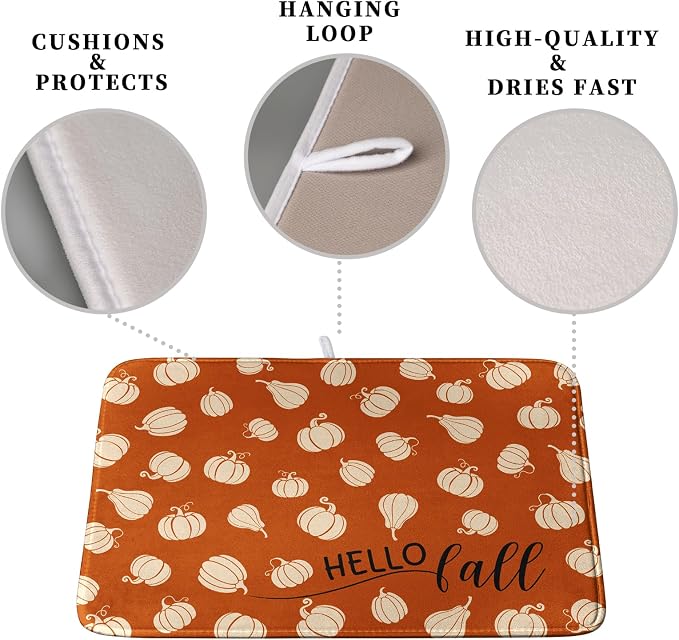 Hello Fall Drying Mat for Kitchen Counter Autumn Orange Pumpkin Dry Dish Mat Thanksgiving Absorbent Microfiber Dish Draining Washable Dish Drainer Rack Mat Large 18x24 Inch