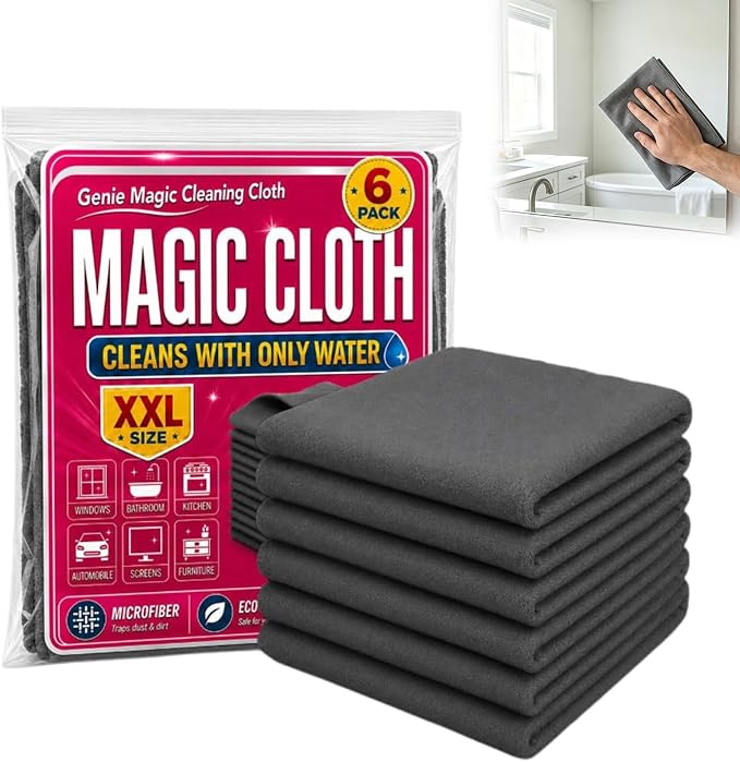 Genie Magic Cleaning Cloth, 6 Pack Microfiber Magic Cloth for Windows & Glass, Lint-Free Reusable Cleaning Rag for Mirrors, Cars & Stainless Steel，6