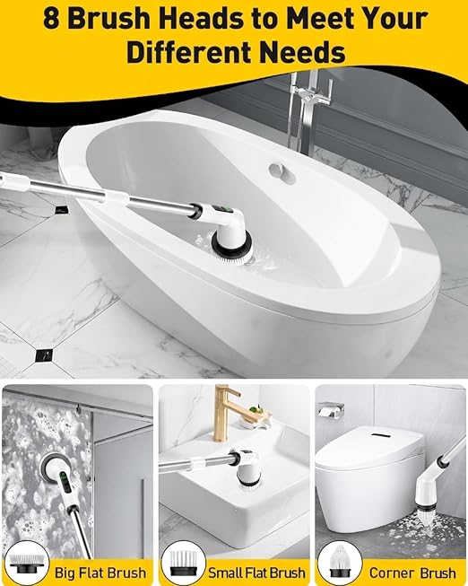 Shower Scrubber with Long Handle, Shower Cleaner Brush with 8 Floor Machine Pads, Cordless Electric Spin Scrubber for Cleaning with 2 Speed, Cleaning Supplies for Bathroom Bathtub Kitchen Floor Tile
