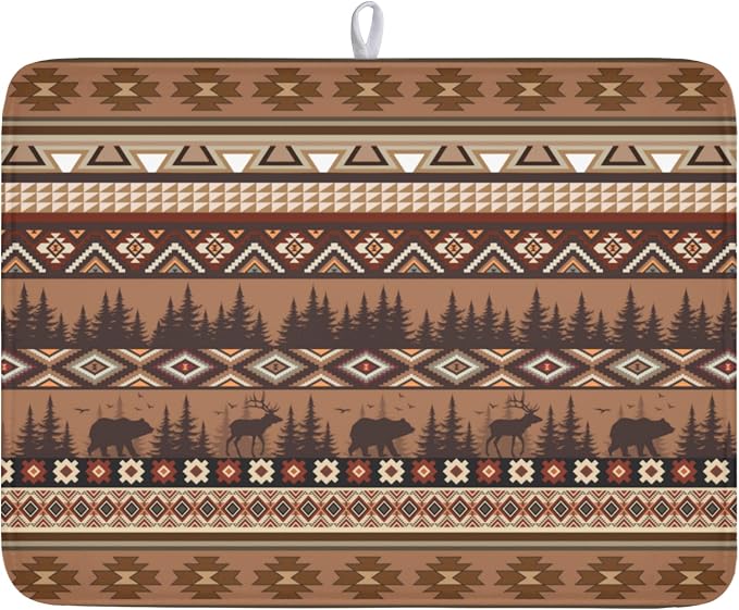 Giwawa Rustic Bear Deer Dish Drying Mat Boho Ethnic Drainer Rack Pad 18x24 Inch Microfiber Absorbent Dish Sink Mat for Counter Kitchen Tableware