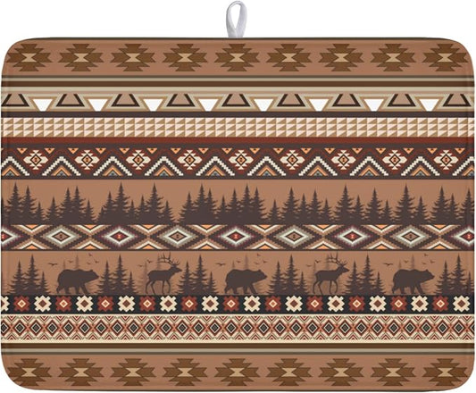 Giwawa Rustic Bear Deer Dish Drying Mat Boho Ethnic Drainer Rack Pad 18x24 Inch Microfiber Absorbent Dish Sink Mat for Counter Kitchen Tableware