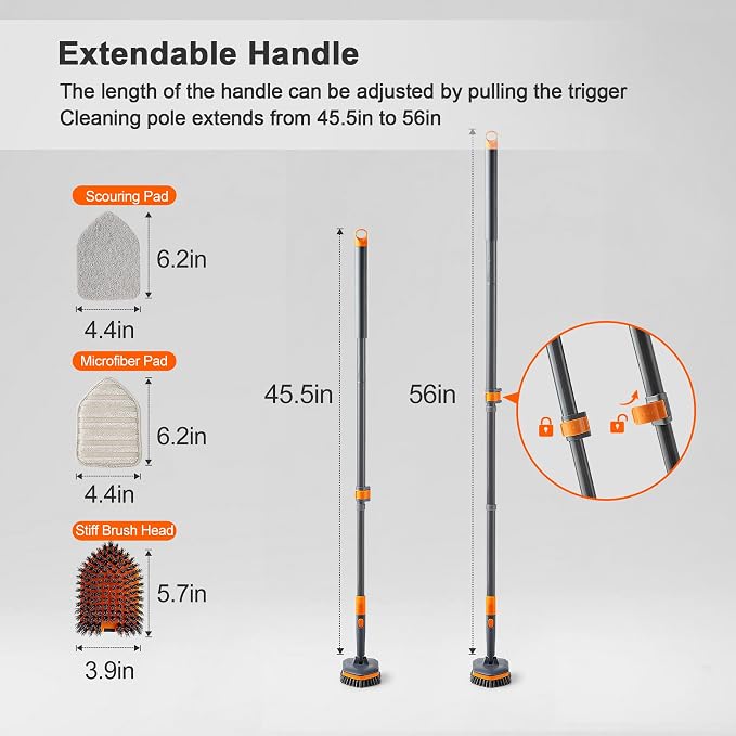 CLEANHOME Tile Tub Scrubber Brush with 3 Different Function Cleaning Heads and 56" Extendable Long Handle-No Scratch Shower Scrubber for Cleaning Bathroom Kitchen Toilet Wall,Bathtub,Sink,Grey