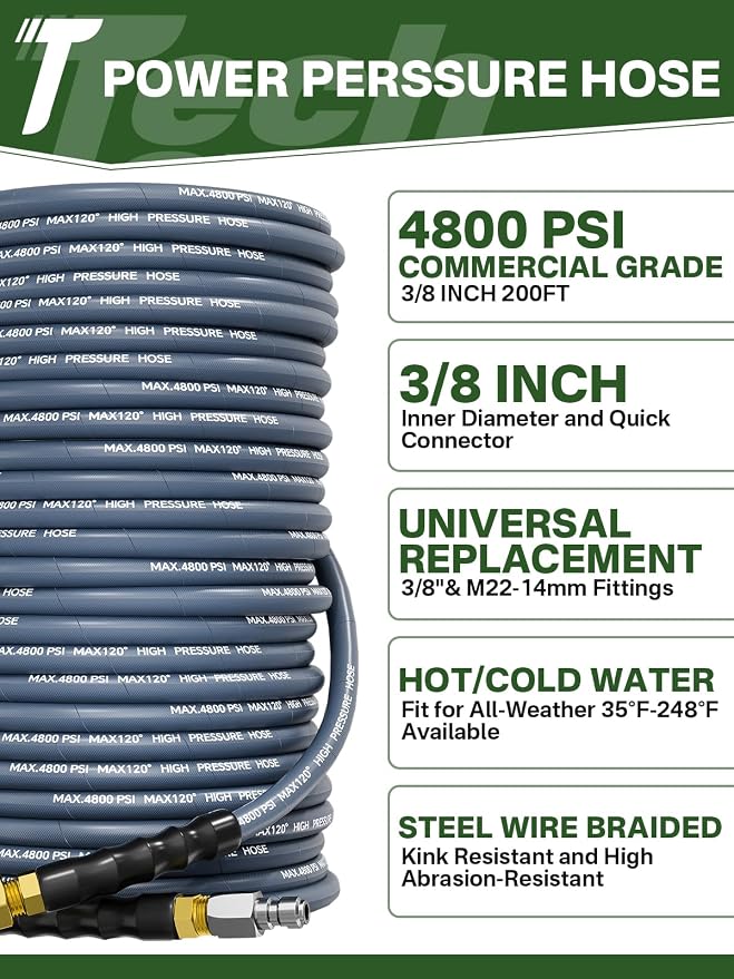 3/8" 4800PSI Pressure Washer Hose 200FT Swivel Quick Connect | Power Washer Hose for Cold/Hot Water Max 248°F, Kink Resistant Steel Wire Braided, Wear Resistant with M22 14mm Adapter