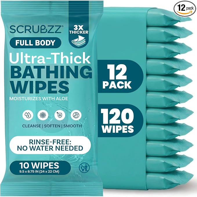 Extra Large Body Wipes for Adults Bathing No Rinse - 120 Ultra Thick Disposable Shower Wipes for Men, Women & Elderly - Great for Gym, Camping, Post Surgery