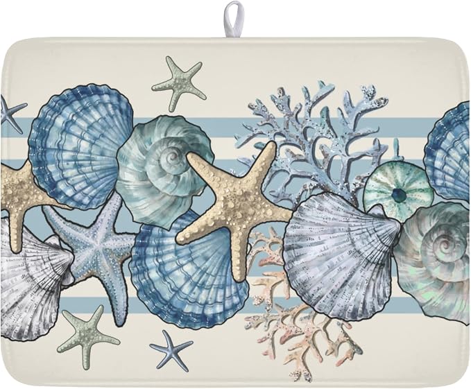 Nautical Coastal Dish Drying Mat for Kitchen Counter Summer Beach Seashell Starfish Microfiber Dish Drainer Mat Ocean Blue Pattern Absorbent Washable Drying Pad Extra Large 18"x24"