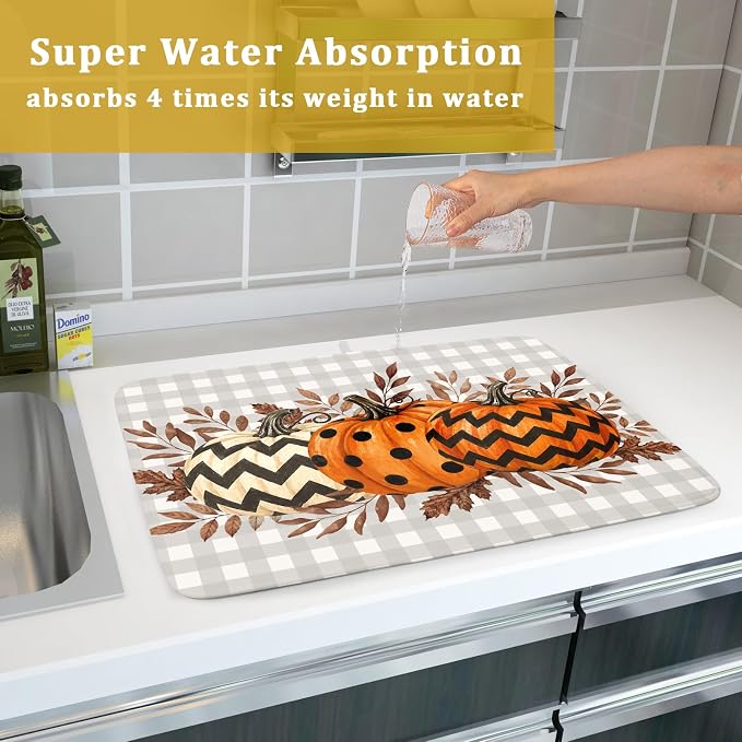 Halloween Dish Drying Mat for Kitchen Counter Pumpkin Brown Leaves Festival Microfiber Absorbent Dish Draining Reusable Washable Foldable Extra Large 18"x24"