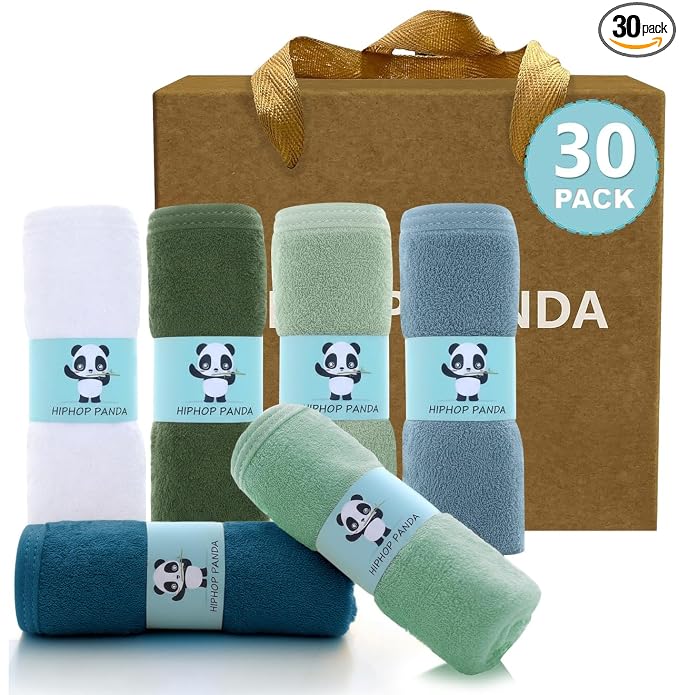 HIPHOP PANDA Baby Washcloths, Rayon Made from Bamboo - 2 Layer Ultra Soft Absorbent Newborn Bath Face Towel - Reusable Baby Wipes for Delicate Skin - Sage and Teal, 30 Pack