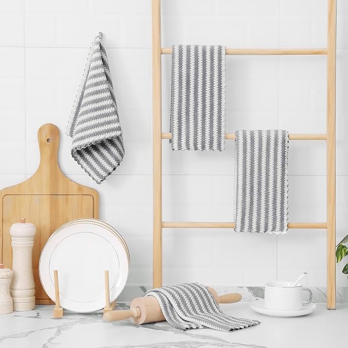 Homaxy Kitchen Towels(6 Pack, 10 x 20 inches), Ultra Soft and Absorbent Dish Towels, Reusable Fast Drying Microfiber Cleaning Cloth, Coral Velvet Wave Design No-lint, Grey