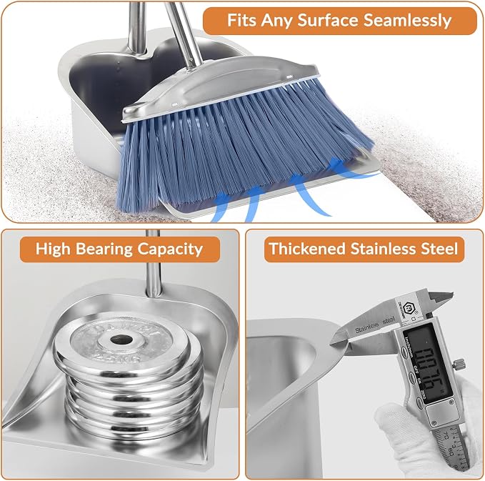 VOOWO Broom with Dustpan Combo Set, 46" Stainless Steel Broom and Dustpan Set for Home, Heavy Duty Dust Pan with Long Handle, Broom for Sweeping Indoor and Outdoor, Kitchen Broom and Dust Pan (Grey)