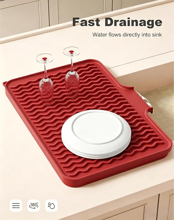Rnivvi Silicone Dish Drying Mat for Kitchen Counter, 16 x 12" Drainer Pad with Drainage Spout, Non-Slip Countertop Protector Heat Resistant Trivet, Kitchen Decor Mat Sink Drip Pad for Dishes, Red