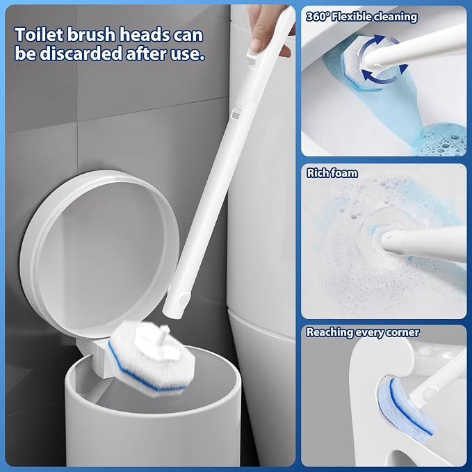 Disposable Toilet Brush with 70 Refills, Wall Mounted Toilet Bowl Cleaner Wand Kit and Holder, Bathroom Cleaning Supplies, Toilet Scrubber Disposable Heads, 1 Pack