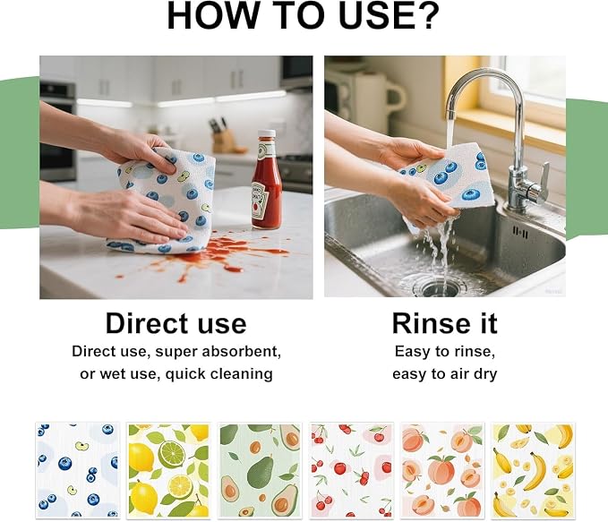 Swedish Dishcloths for Kitchen, 12 Pack Reusable Paper Towels, Super Absorbent, No Odor, Fast-Drying, Non-Scratch Cellulose Sponge Cloths for Counters Dishes Home Bar Table Wiping