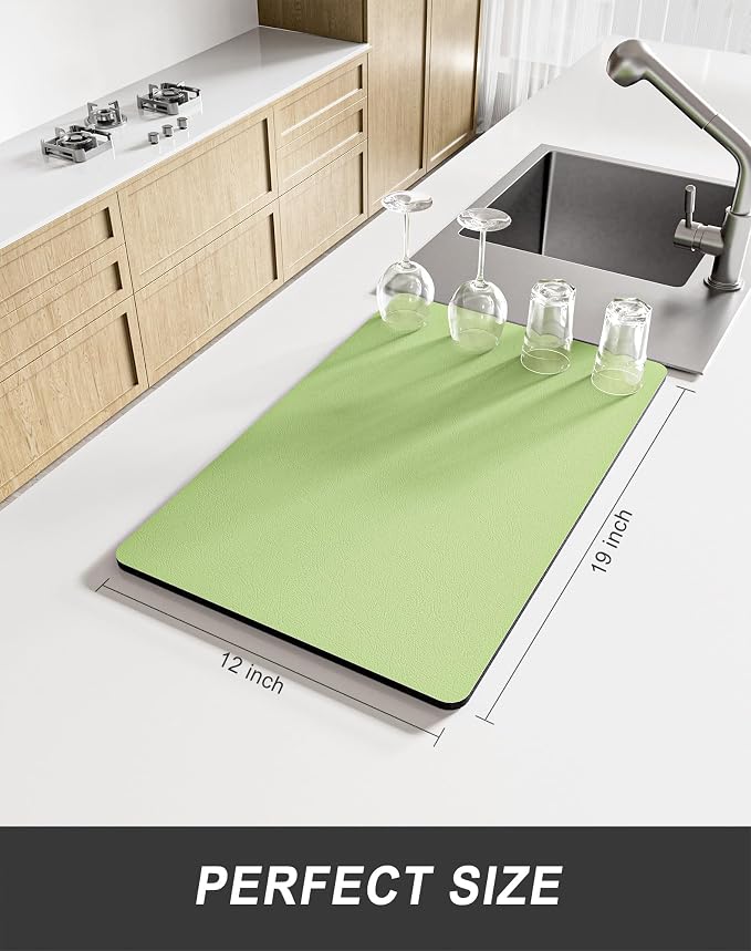 Rnivvi Dish Drying Mat for Kitchen Counter, 12 x 19" Super Absorbent Drainer Pad Easy Clean Dish Rack Pad, Non-Slip Heat Resistant Coffee Bar Mats for Coffee Machine Station Accessories Decor, Green