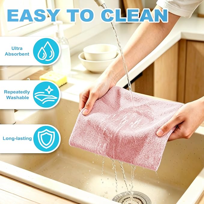 Puomue 55 Pack Microfiber Cleaning Cloth Roll, Tear Away Reusable Paper Towels, 11" X 9", Ultra Absorbent & Lint Free Microfiber Cloth for Cleaning Cars, Kitchen, Window, Home and Shop, Pink