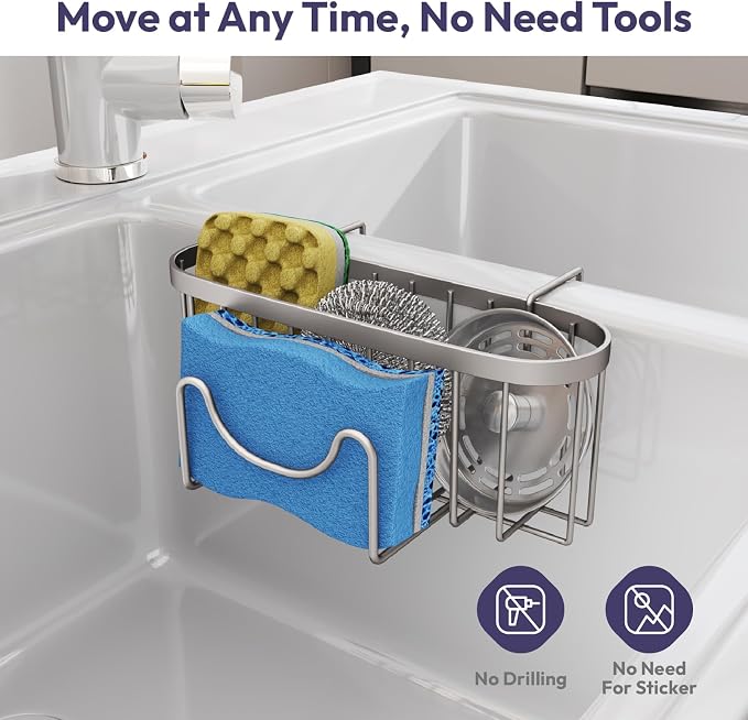 SWTYMIKI Sponge Holder for Kitchen Sink - Movable Kitchen Sink Caddy with M Hook Stainless Steel Hanging Sponges Caddy Organizer in Double Bowl Sinks Depth>3.15in, Middle Divider<1.5in, Sand Nickel L