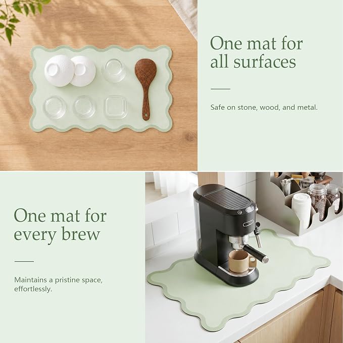 Scalloped Dish Drying Mat for Kitchen Counter, Absorbent Easy Clean Non-slip Coffee Bar Station Accessories, Trendy Cute Aesthetic Modern Drainer Kitchen Drying Mat, Sage Green 12" x 19"