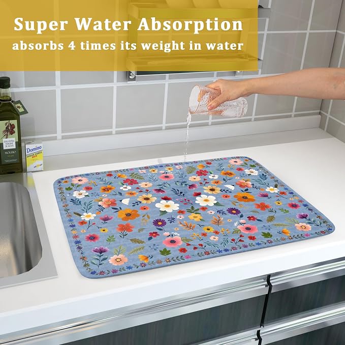 Colorful Flower Dish Drying Mat - Blue Large Floral Coffee Mat for Kitchen Counter Decor 18 X 24