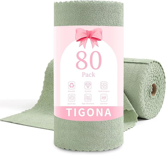 80 Pack Microfiber Cleaning Cloth Roll,Lint Free Rags & Tear Away Reusable Towels Washable Scratch,Ultra Absorbent Dish Rags(12" x 12") for Car Kitchen Home Garage-Green