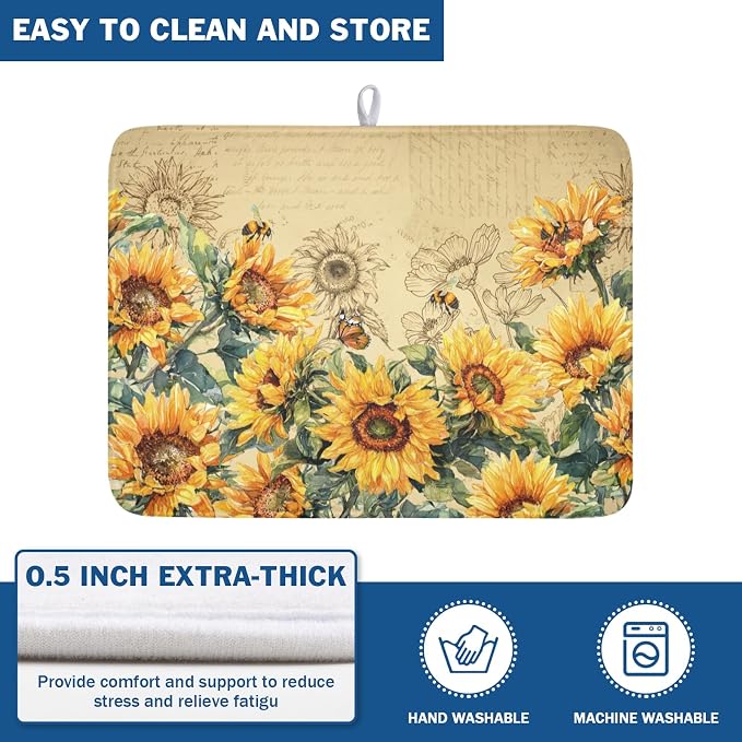 Sunflower Dish Drying Mat for Kitchen Counter Vintage Yellow Sunflowers Microfiber Dish Drainer Mat Spring Summer Watercolor Floral Absorbent Washable Drying Pad Extra Large 18"x24"