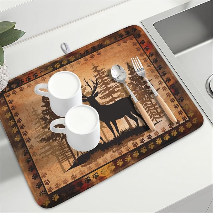 Giwawa Forest Deer Dish Drying Mat Wildlife Animal Dishes Pad 18"x24" Microfiber Absorbent Fast Dry Drainer Rack Mats for Kitchen Countertop Decor