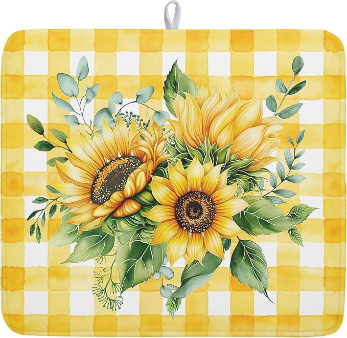 Sunflower Dish Drying Mat 16x18 Inch Absorbent Reversible Summer Sunflower Drying Mat Summer Plaid Dish Drying Rack Mat Yellow Summer Themed Dish Drainer Mat for Kitchen Counter Coffee Bar