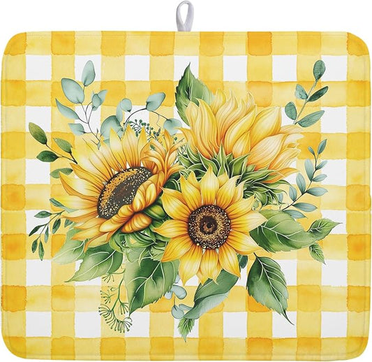 Sunflower Dish Drying Mat 16x18 Inch Absorbent Reversible Summer Sunflower Drying Mat Summer Plaid Dish Drying Rack Mat Yellow Summer Themed Dish Drainer Mat for Kitchen Counter Coffee Bar