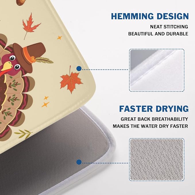 Thanksgiving Turkey Dish Drying Mat for Kitchen Counter 18x24 Inch Pumpkin Dish Drainer Mat Absorbent Microfiber Gobble Dish Rack Pad for Fall Holiday Coffee Dining Bar Decor