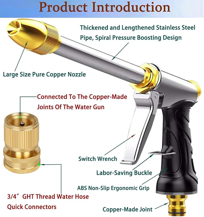 Upgrade Garden Hose Nozzle,100% Heavy Duty Metal Spray Gun With Full Brass Nozzle,High Pressure Water Hose Nozzle Sprayer Head,3/4" Quick Connectors,for Lawn & Garden,Washing Cars,Showering Dogs&Pets