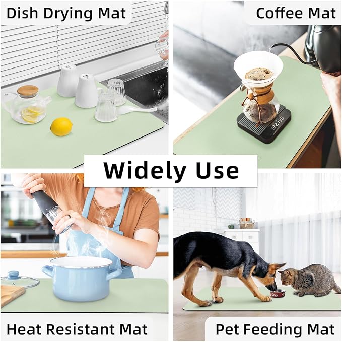LOPNUR Kitchen Dish Drying Mat, 31.5"x17" Dish Drying Mats for Kitchen Counter, Diatomite Coffee Mat, Super Absorbent Dish Drying Pad, Heat Resistant Mat with Anti-slip Rubber Backed, Sage Green