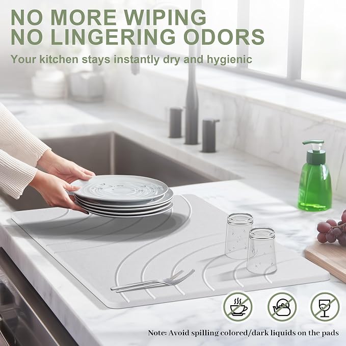 Large Stone Drying Mat for Kitchen Counter, 24" × 16" Diatomite Dish Drying Mat, Quick Dry Stone Mats, Ultra Absorbent Natural Diatomaceous Earth Mats for Dished, Bottles, White