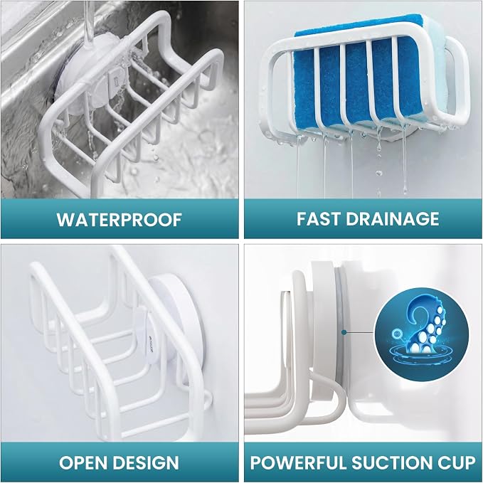 TAILI Sponge Holder for Kitchen Sink with Strong Suction Cup, Rustproof Aluminum Sink Caddy for Sponges, Removable Sponge Holder, Dish Brush for Scraper - White, 5.1" x 2.3"