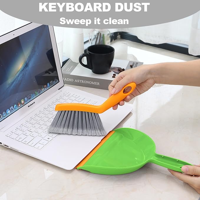 Mini Broom with Dustpan Combo Set Small Dust pan and Brush Set Quick Cleanup Debris Dust for Floor Countertop Worktop Desk Pet Cage (Green+Orange)
