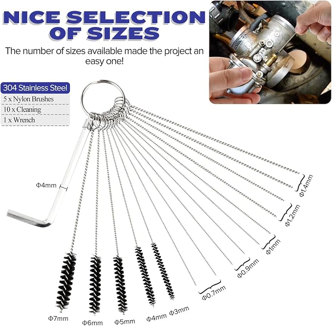 Valchoose Set of 2 Premium Carb Cleaning Kit, Torch Tip cleaner Set Heavy Duty Density Nylon - 304 Stainless Steel 26 Cleaning Set + 10 Nylon Brushes + 20 Cleaning Needles +2 Throttle Wrench