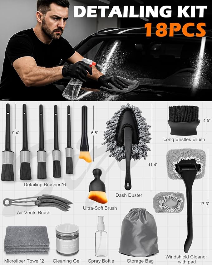 Windshield Cleaner Tool, 18Pcs Car Interior Detailing Brush Set, Inside Windshield Cleaning Kit with 200g Cleaning Gel, Duster Brush, 2 Microfiber Pads, Car Detailing Supplies for Men (Gray)