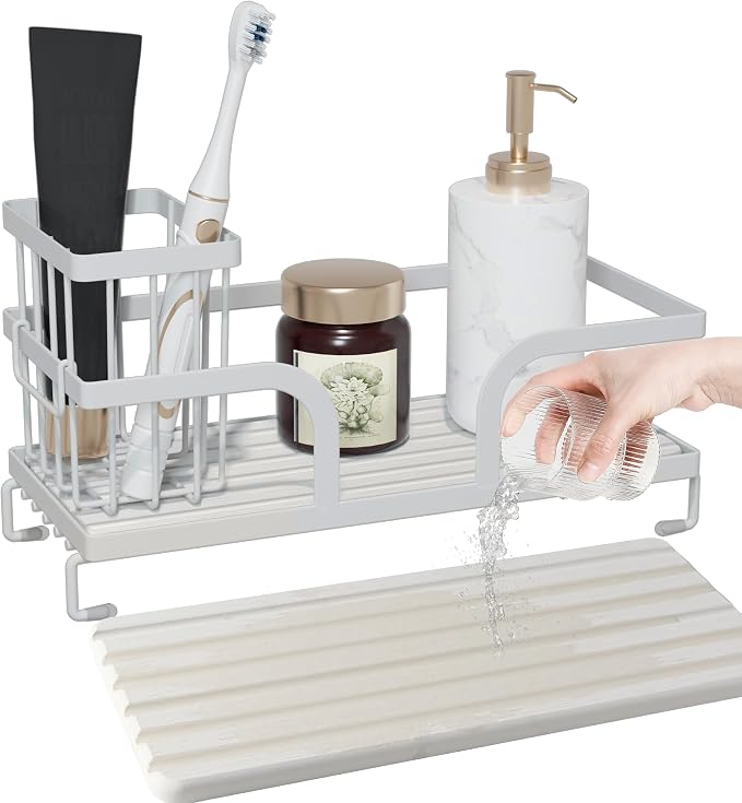 Bathroom Counter Organizer,Perfume Tray,Stone Drying Mat for Kitchen Counter,9.7" x 4.2"x 3.2", Ideal for Bathroom Organizers and Storage, Vanity, Skincare, Present, and More,2PCS White