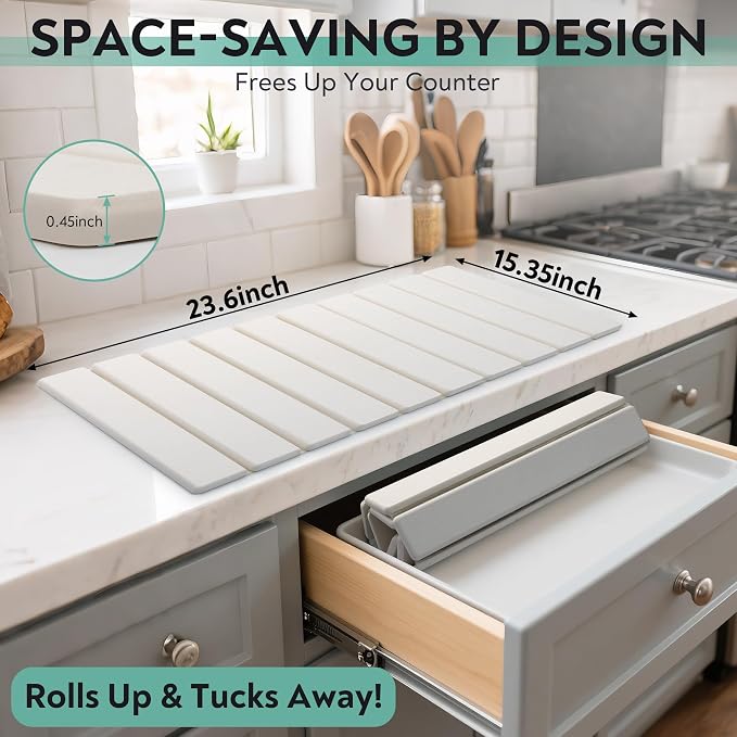 Stone Drying Mat for Kitchen Counter, Quick Diatomaceous Earth Mats for Dishes, Super Absorbent Fast Drying Collapsible Countertop Stone Mat , for Dishes Bottles Cups Bathroom ,24"(L)×16 (W)