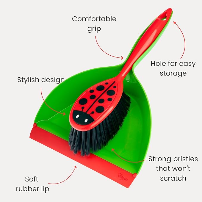 Vigar Flower Power Dust Pan and Brush Set, Green Red Black | Handheld Broom and Dustpan Set With Whisk Broom, Small Dustpan and Brush Set, Compact Indoor Sweeper for Countertop