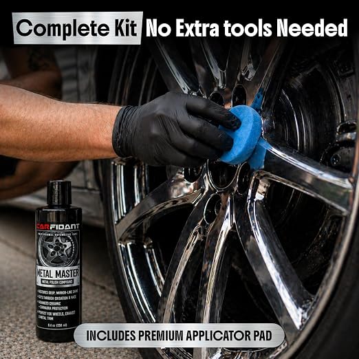 Metal Polish Kit with Applicator Pad – Restores Shine & Removes Oxidation on Chrome, Aluminum & Stainless Steel – Carnauba + Ceramic Protection – Metal Cleaner & Polish – 8.4 oz